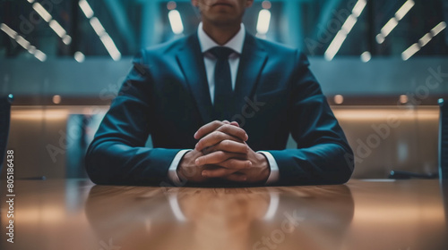 Businessman at Conference Table. Close-up of a businessman's hands clasped on a conference table, with a focus on his formal attire and professional setting. AI generative.