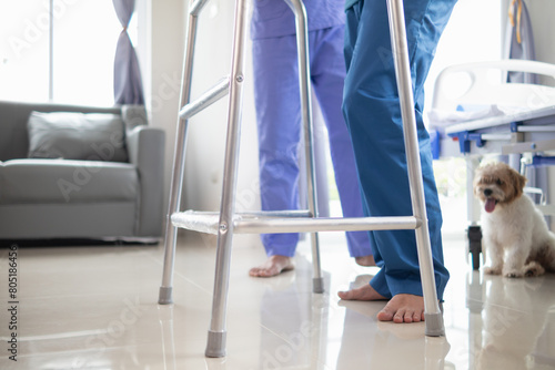 Doctors are examining patient muscle injuries and doing physical therapy for patient to move muscles so they can be used regularly because physical therapy will help strengthen muscles and blood flow. photo