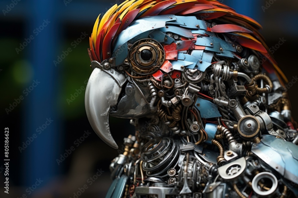 Fototapeta premium Sturdy Steelpunk metallic parrot. Art nature. Generate Ai