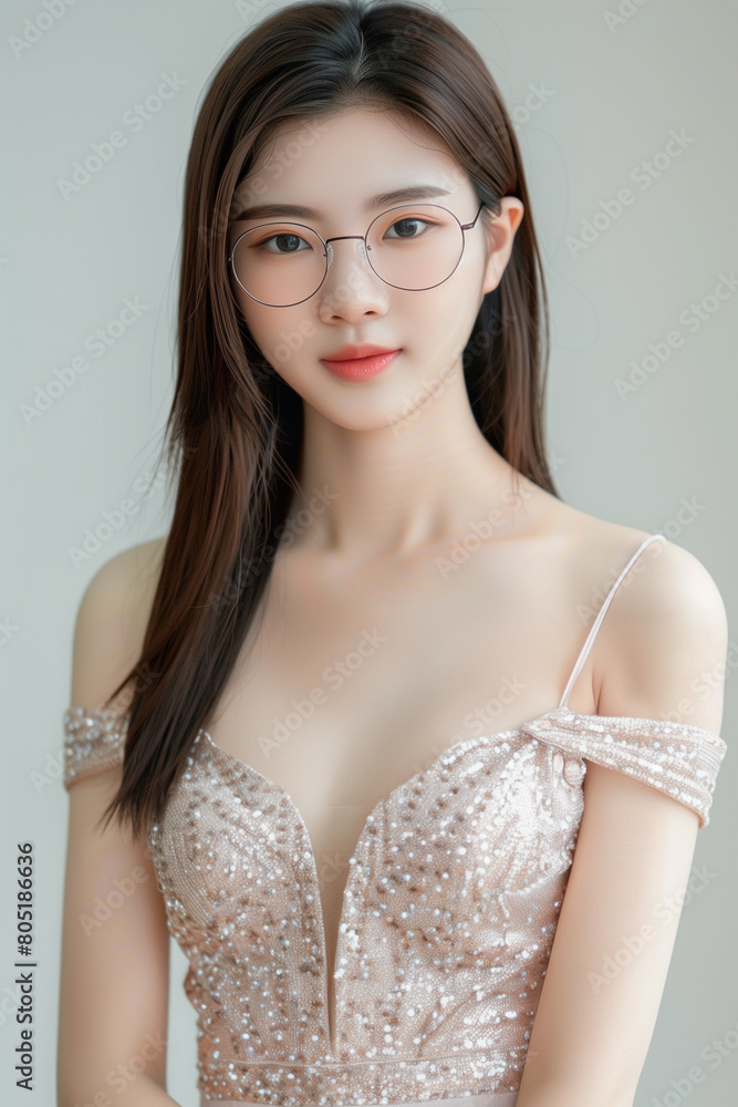 Elegant Young Woman in Glasses and Sequined Dress. Portrait of a young Asian woman wearing glasses and a sparkling sequined dress, looking confidently at the camera. AI generative.