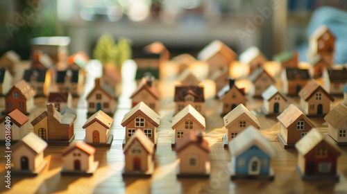  creative real estate concept featuring miniature wooden houses on a table, perfect for home decor or as collectible toys.