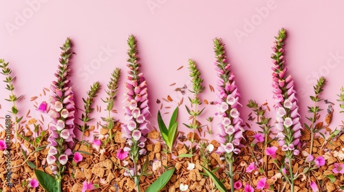   A pink background houses a uniform row of pink and white blooms against a midline pink wall photo