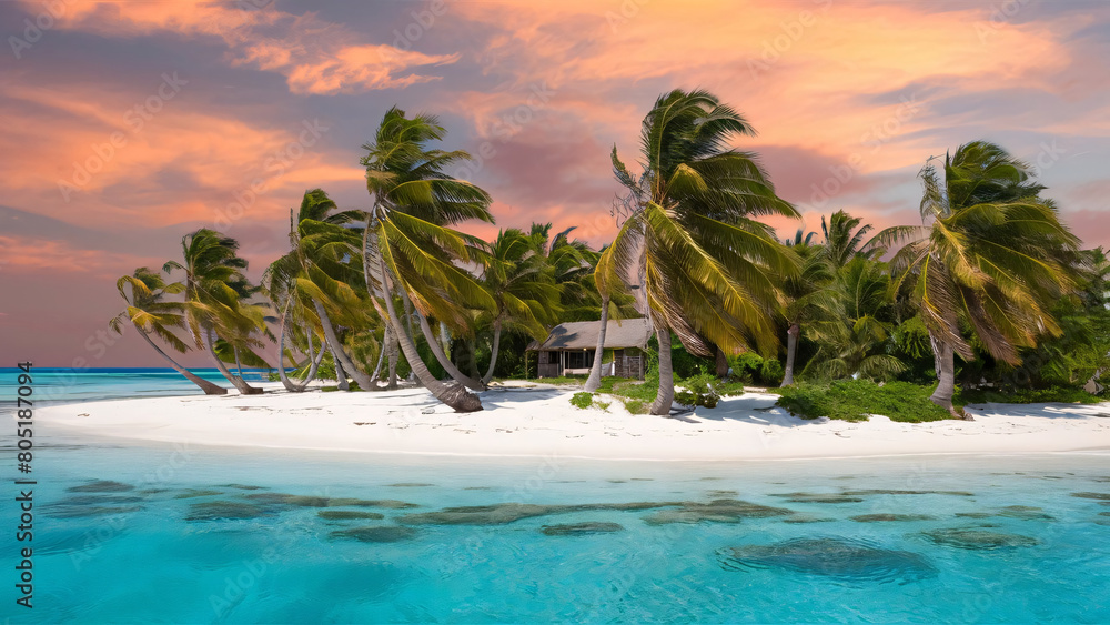 Obraz premium Tropical paradise island, turquoise waters white sandy beaches, and lush green palm trees, summer travel destination, luxurious beachside vacation