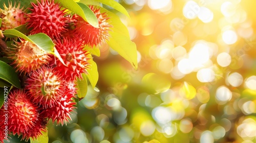   A tight shot of ripe fruit against a tree backdrop  sun rays filtering through leafy canopy  softly blurred background