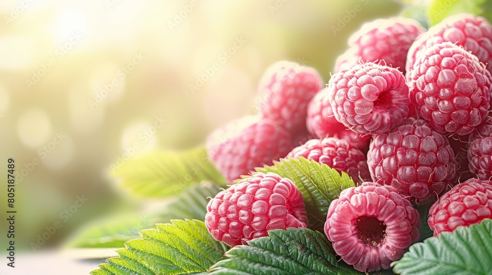 A collection of red raspberries atop a verdant, leafy plant under radiant sunlight A collection of red raspberries atop a verdant, leafy plant under radiant sunlight