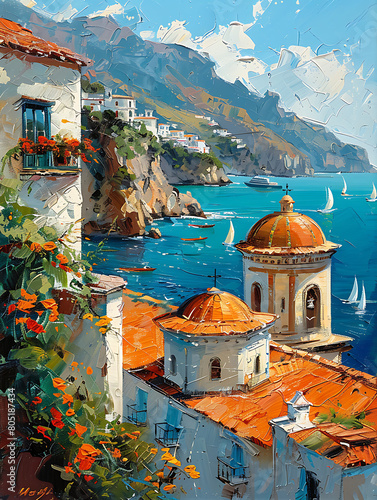 An oil painting of the Amalfi coast in the impressionist style