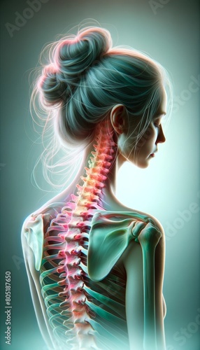 A woman's spine, as if viewed through an advanced medical scan, emphasizing neck pain and inflammation.