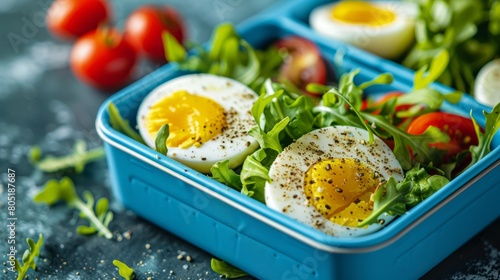 A blue lunch box holds a nutritious ensemble of salad and boiled eggs, ready to fuel the afternoon ahead