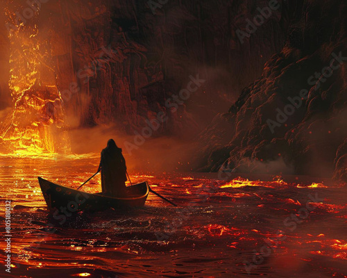A lone figure rows a boat through a river of lava
