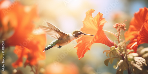A mesmerizing hummingbird in flight, hovering near a colorful flower. Iridescent beauty of tiny bird, a symbol of vitality and energy.