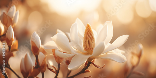 Delicate white magnolia blossoms captured in a close-up shot. Flowers bloom vividly, evoking a sense of purity and tranquility. © iconogenic