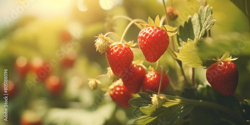 Ripe strawberries glistening in the summer sun, fresh on the vine. Indulge in the juicy sweetness of these succulent berries, a taste of nature's bounty. © iconogenic