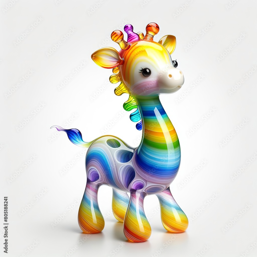 Fototapeta premium A stunning blown glass sculpture of a playful, cute giraffe with seamlessly blended rainbow colors, white background