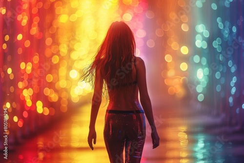 The image depicts a woman walking confidently down a street illuminated by colorful neon lights reflecting off the rain-soaked pavement