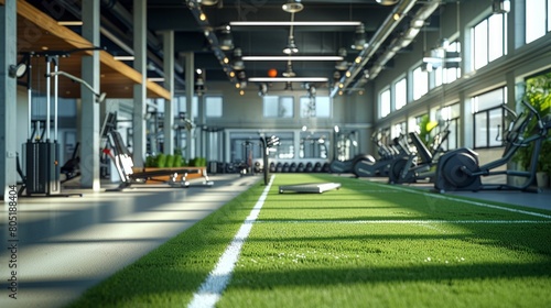 Modern fitness complex hosts aerobics, spinning, and functional training, highlighted by artificial grass and a running track