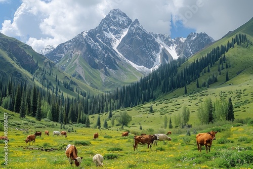 A scenic view of a verdant mountain valley with cattle grazing amidst wildflowers and greenery