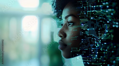 side profile portrait of a black female with a tech pattern overlay, portraying a cyber security analyst of artificial intelligence and the future of ai in the workplace