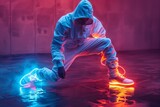 A stylish urban dancer crouches to tie glowing shoelaces, with an explosion of neon light and reflection on a concrete surface