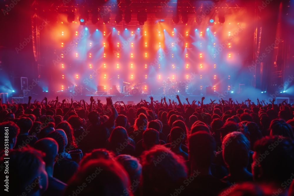 The image captures the energy of a live concert with the audience in silhouette against the glow of stage lights and a performing artist