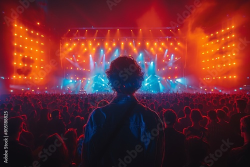 A concert scene viewed from the audience with a single spectator in focus against a backdrop of vibrant stage lighting © Larisa AI