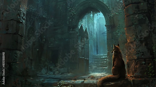 A cunning fox, draped in a cloak of midnight velvet, stealthily navigates the labyrinthine corridors of an ancient castle, its keen senses alert for any sign of danger. photo
