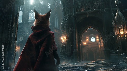 A cunning fox, draped in a cloak of midnight velvet, stealthily navigates the labyrinthine corridors of an ancient castle, its keen senses alert for any sign of danger. photo