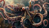A curious octopus, adorned with shimmering jewels and intricate patterns, delicately arranges a lavish underwater banquet, its tentacles weaving intricate designs in the swirling currents.
