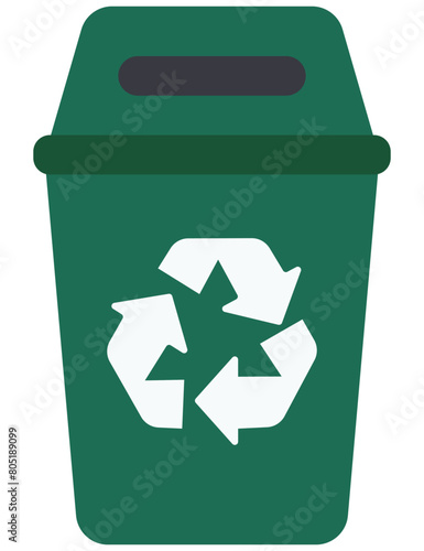 Flat vector illustration of green recycling bin with recycle logo isolated on white background.