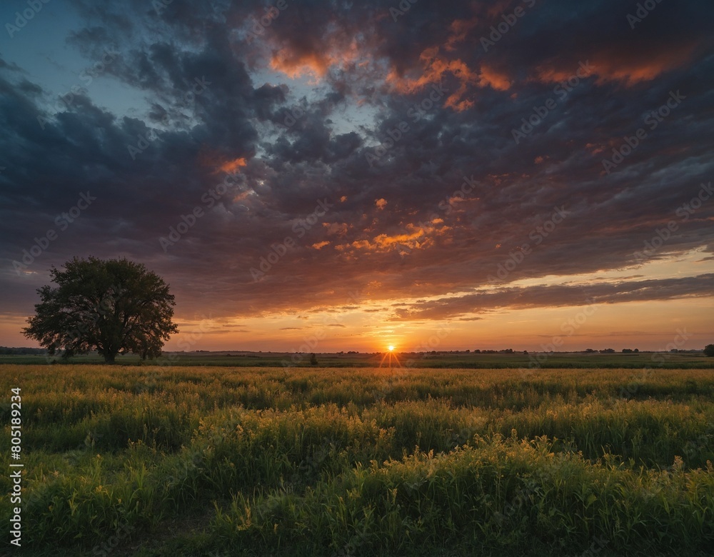 Watch as the colors of the sky change during a sunset over a peaceful countryside landscape.
