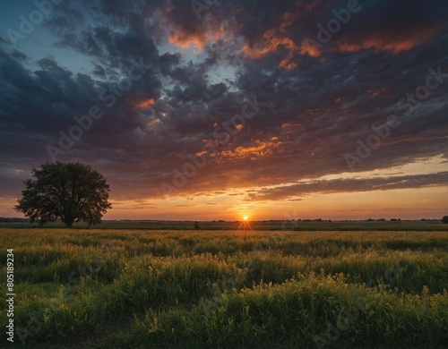 Watch as the colors of the sky change during a sunset over a peaceful countryside landscape. 