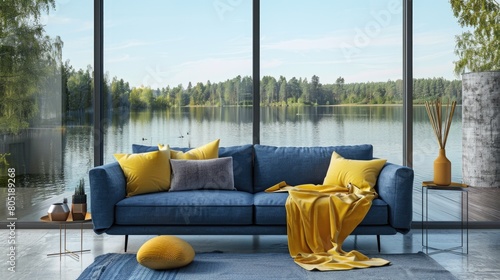 Cozy living room interior with blue couch and vibrant yellow pillows. Suitable for home decor concepts
