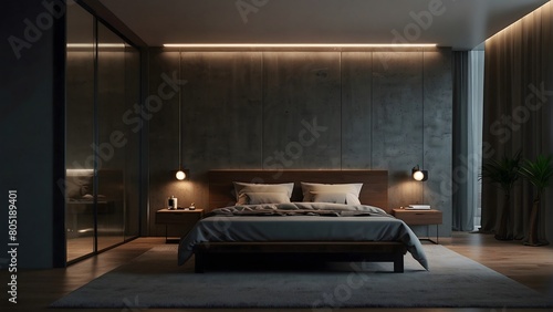 modern and minimal bedroom and the closet interior design, cinematic lighting 