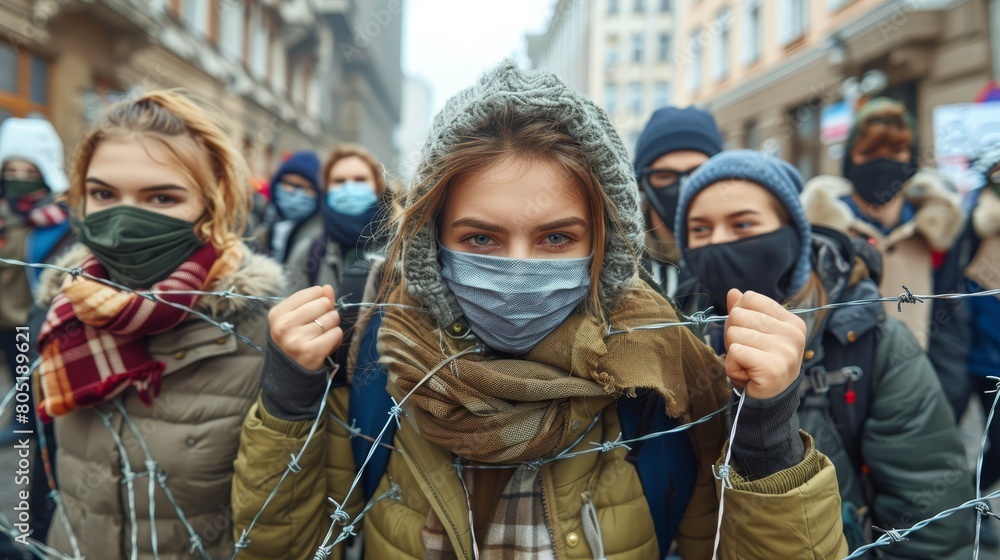 Fototapeta premium A group of people, all wearing face masks, huddle together behind a barbed wire fence