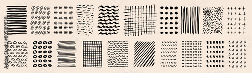 Vector vintage hand drawn hatching patterns. Lines, dots, circles, smears, waves, stripes, brush strokes, triangles. Black hand drawn textures isolated lattice crosshatch elements on beige background