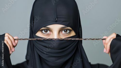   A woman, clad in a black hijab, gazes intently at the camera while holding a rope in front of her face photo