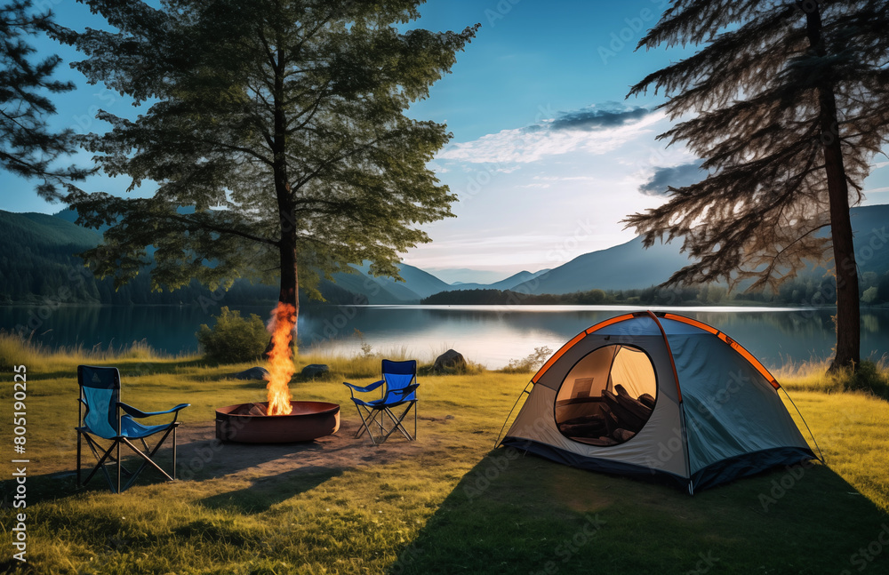 Camping in the forest and the morning sun see the beautiful nature trees and mountains Beautiful view of a tourist tent camping