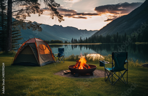 Camping in the forest and the morning sun see the beautiful nature trees and mountains Beautiful view of a tourist tent camping