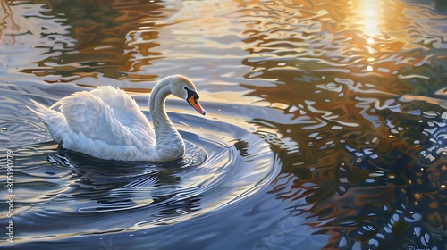 A graceful swan, its feathers kissed by the golden light of dawn, glides elegantly across a tranquil lake, trailing ripples of liquid silver in its wake.