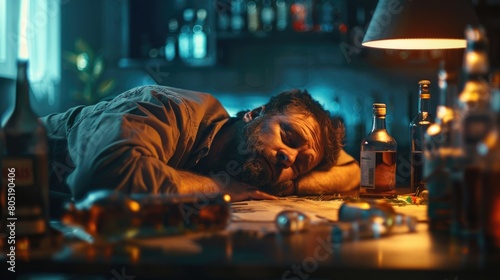 A man laying on a table with a bottle of alcohol. Suitable for addiction or party concept photo