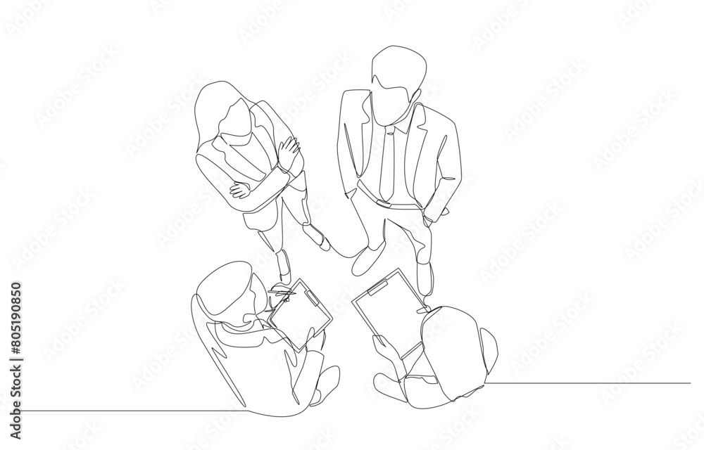 Continuous one line drawing of top view of business people talking about work, business discussion, work meeting concept, single line art. Continuous one line drawing of top view of business people talking about work, business discussion, work meeting concept, single line art.