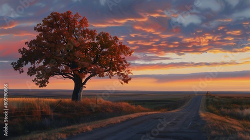 A lone tree stretches its branches over the roadside  its leaves ablaze with the colors of sunset  a solitary beacon of beauty in the fading light.