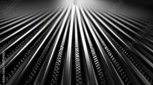   A monochrome image of metal pipes, bundled together, with a light situated at the terminal point in its midst photo