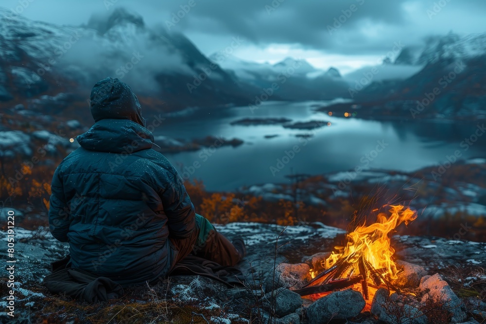 Amidst a snowy scenery, a reflective hiker sits by a campfire overlooking a tranquil lake surrounded by foggy mountains Amidst a snowy scenery, a reflective hiker sits by a campfire overlooking a tranquil lake surrounded by foggy mountains
