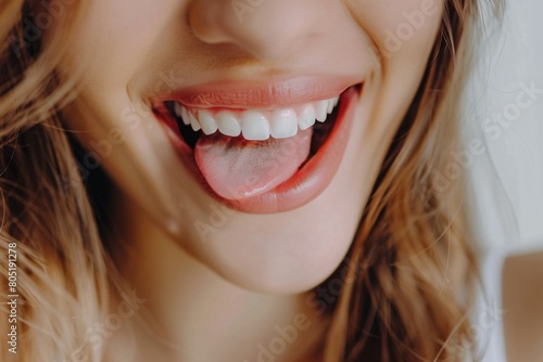 Close up of a womans mouth showcasing her white teeth