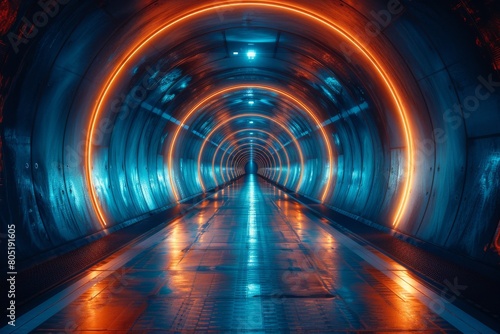 The image showcases a modern tunnel bathed in a cool blue light, emphasizing a sense of futuristic transportation and architecture