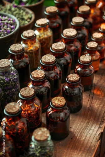 A wooden table with jars filled with various flowers. Ideal for floral arrangements