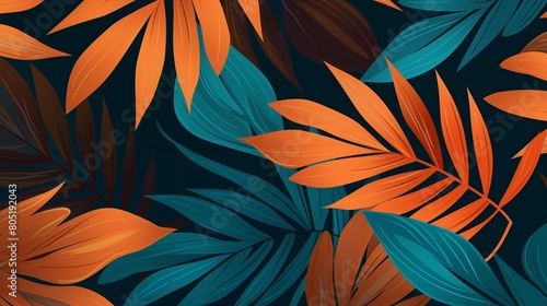 Stylish tropical leaf pattern with a vibrant orange and teal color scheme.