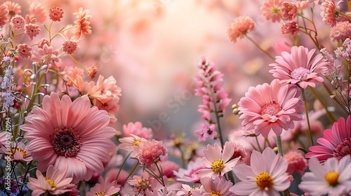 Dreamy Pink Floral Field  Vibrant Gerbera Daisies and Soft Light  Nature Background 