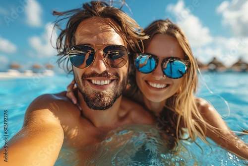 Happy Couple Taking Selfie in Tropical Swimming Pool with Sunglasses 