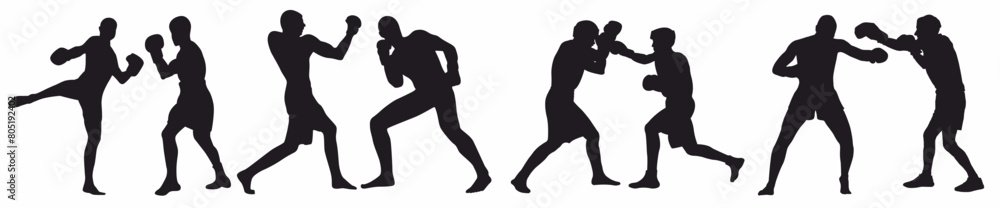 Boxer silhouette. Set of boxer fighter silhouette. Boxer silhouette. Set of boxer fighter silhouette.